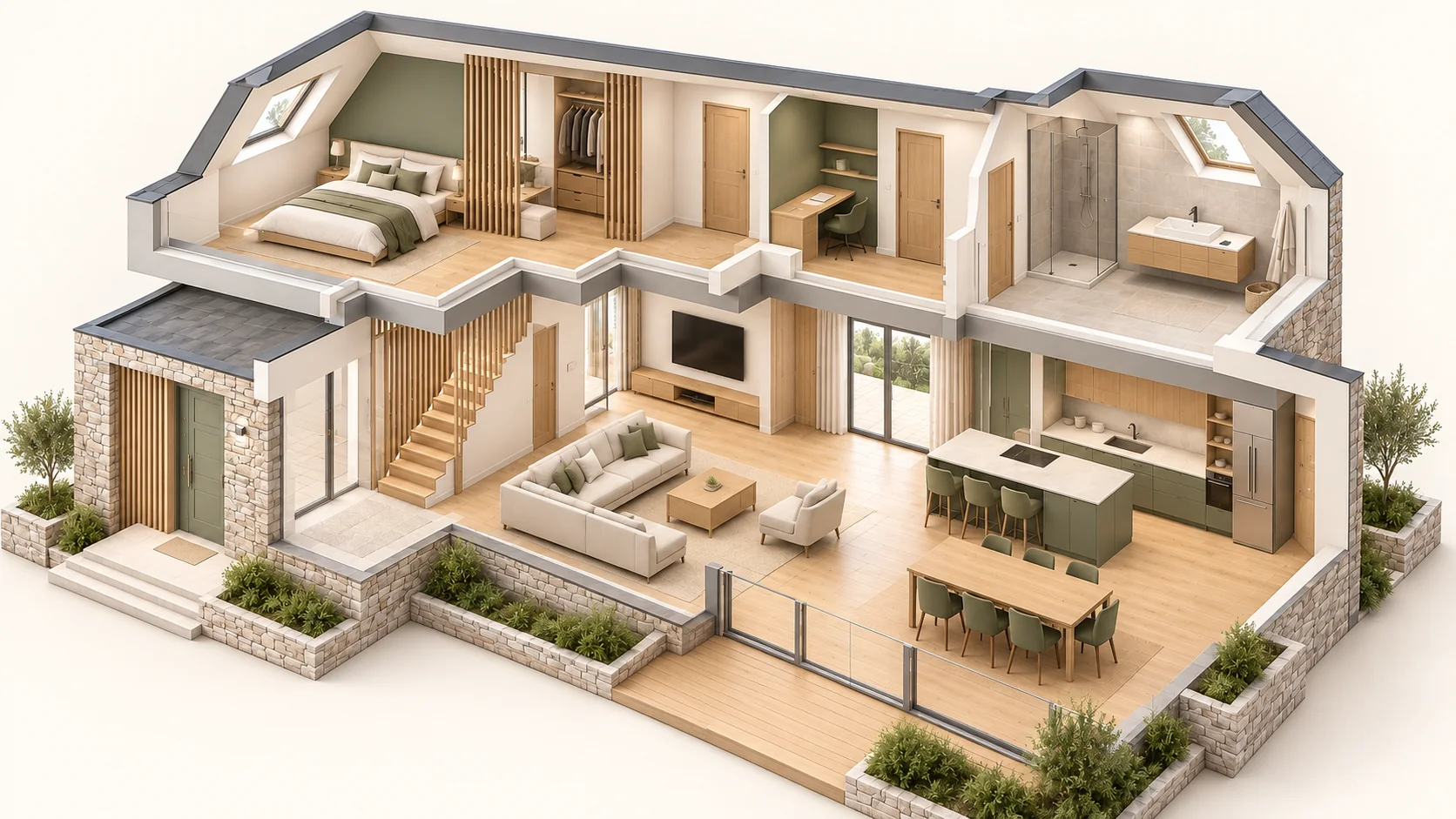Maison en coupe présentant les aménagements intérieurs JRDT